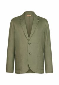 Olivgrüner Leinenblazer mit Reverskragen, zwei Knöpfen und zwei vorderen Taschen. Glatte Textur und taillierte Passform.