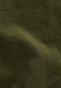 Tessuto di corduroy testurizzato in un verde oliva scuro, con linee rigate verticali, superficie morbida e leggera lucentezza.