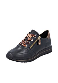 Black leather sneaker with brown accents, zigzag patterned laces, side zipper, and rubber sole. Rounded toe and stitched detailing.