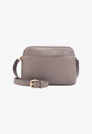 Taupe leather crossbody bag with gold buckle and small gold logo, featuring a front pocket and adjustable strap.