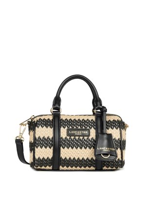 Piccola borsa a mano rettangolare Lancaster Paris con motivo a zigzag intrecciato nero e beige, con manici e dettagli in pelle nera.