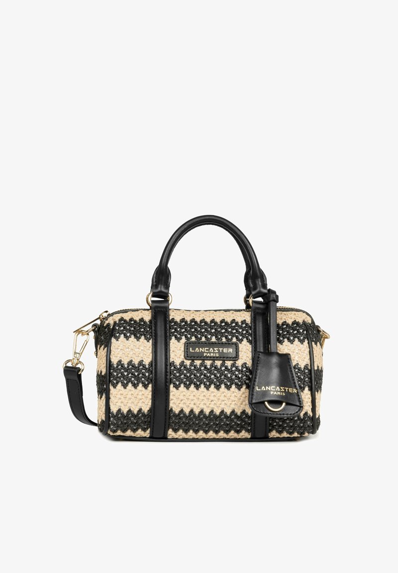 Petit sac à main rectangulaire Lancaster Paris avec motif zigzag tissé noir et beige et poignées et détails en cuir noir.