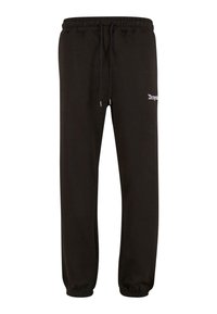 Pantalon de survêtement noir avec une taille élastique, cordon de serrage ajustable et poignets ajustés. Présente un texte brodé blanc sur la cuisse gauche.