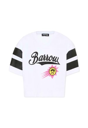 Maglia bianca a maniche corte con doppie strisce nere sulle maniche, scritta "Barrow" in corsivo nero e grafica di un sole sorridente giallo con raggi rosa.