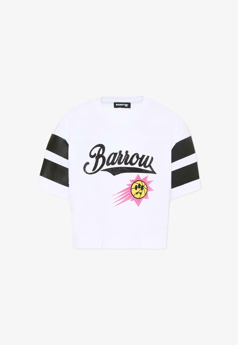 Chemise blanche à manches courtes avec doubles rayures noires sur les manches, texte "Barrow" en script noir, et un graphique de soleil souriant jaune avec des rayons roses.