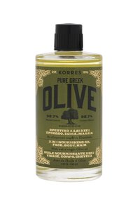 Bouteille en verre transparent avec un bouchon à vis noir. L'étiquette présente un design vert et doré. Le texte indique "Huile nourrissante 3-en-1 d'olive grecque pure."