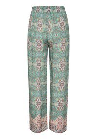Printed pants with an elastic waistband, featuring a green base, floral patterns, and a wide-leg design.
