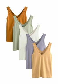 Cinco camisetas sin mangas de corte en V de algodón. Los colores incluyen naranja, verde, blanco, lavanda y amarillo. Textura suave y diseño de dobladillo recto.
