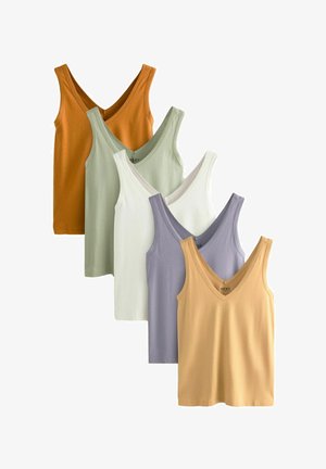 Fünf V-Ausschnitt-Top aus Baumwolle. Die Farben sind orange, grün, weiß, lavendel und gelb. Glatte Textur und gerades Saumdesign.