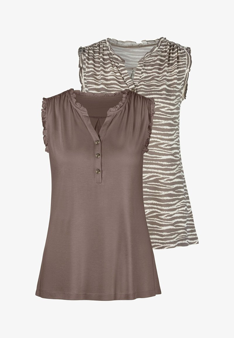 Two sleeveless tops in brown and striped gray. The brown top features a button placket and ruffled shoulders; the gray has a zebra pattern.