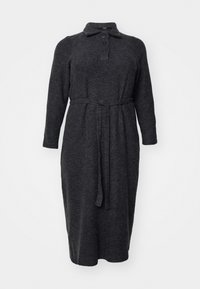 Dark gray long-sleeve dress made of soft fabric, featuring a collared neckline, five-button placket, and a tied waist for shape.