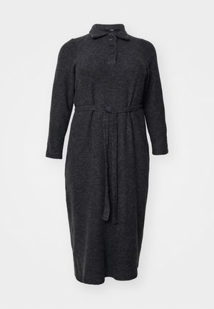 Vestido longo de mangas compridas em cinza escuro, feito de um tecido suave, com um decote tipo colarinho, uma lista de cinco botões e uma cintura ajustada para dar forma.