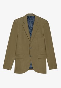 Blazer verde oliva con revers a punta, due tasche frontali, chiusura a due bottoni e fodera interna in satin blu. Finitura in tessuto testurizzato.