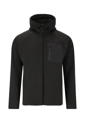 Mustat vetoketjulla varustettu takki, jossa on korkea kaulus, pitkät hihat ja vasemmalla puolella rintatasku. Valmistettu sileästä ja kevyestä kankaasta.