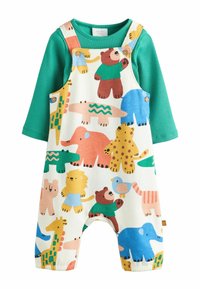 Bunte Tiermuster-Latzhose mit grünem Langarmoberteil, das Knöpfe an der Schulter und weichen Baumwollstoff aufweist. Runde Beinöffnungen.