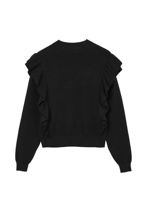 Pull noir avec des détails en volants sur les épaules, manches longues, col rond et une longueur crop. Fabriqué en matériau tricot doux.