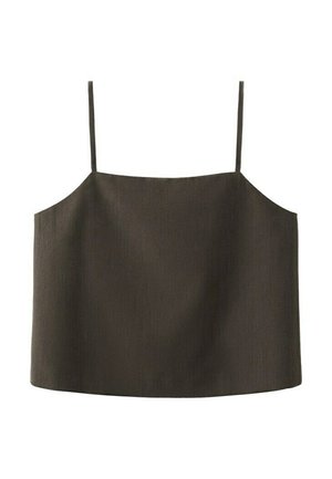 Top negru scurt, cu bretele subțiri, decolteu drept și textură simplă, netedă a materialului.