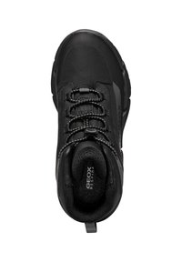 Black hiking shoe featuring a textured upper, reinforced toe cap, and patterned laces. The sole is rugged, designed for traction and support.