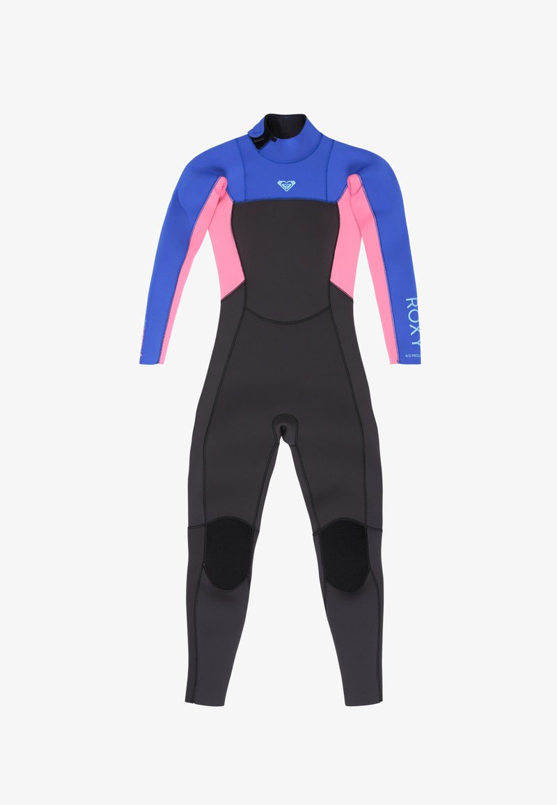 Combinaison intégrale à manches longues, torse et jambes noirs, épaules et manches bleues, panneaux latéraux roses et renforts aux genoux.