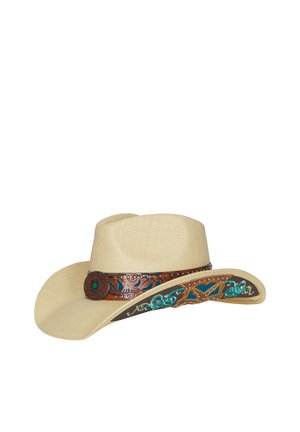 Beige vævet cowboysthat med bred skygge, dekoreret med brun læderrem og tyrkis- og guldbeklædte dekorative mønstre langs kanten af skyggen.