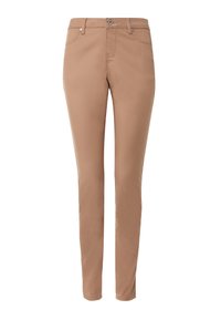 Béžové, slim-fit kalhoty vyrobené z měkké směsi bavlny. Mají klasický design se pěti kapsami, poutky na opasek a předním zapínáním na knoflík.