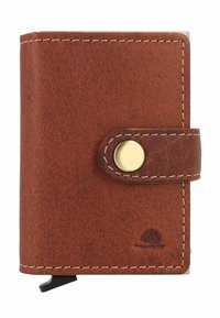 Billetera de cuero marrón con un acabado texturizado, que cuenta con un cierre a presión de latón, costuras en contraste y un pequeño logo estampado.