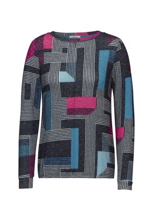 Pullover grigio scuro con un motivo geometrico nei toni del rosa, blu e bianco. Maniche lunghe con polsini a costine e scollatura rotonda.