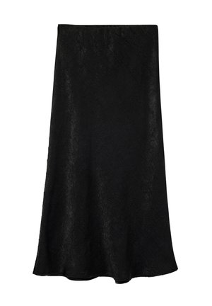 Schwarzer A-Linien-Rock mit subtil floralem Jacquardmuster, mittellang und mit glattem Bund.