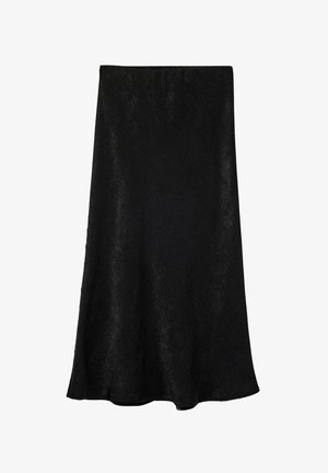Czarna spódnica w kształcie litery A z delikatnym kwiatowym wzorem żakardowym, o długości do połowy uda, z gładkim pasem.