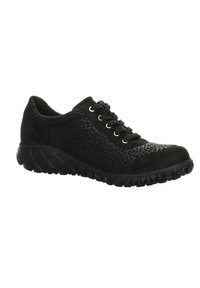 Baskets noires à lacets avec une tige en tissu texturé au motif reptile subtil, semelle rembourrée et design de semelle robuste.