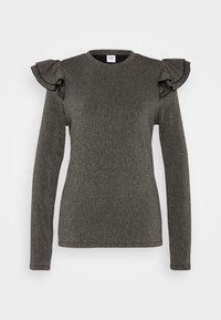Maglietta nera a maniche lunghe con costine e dettagli voluttuosi sulle spalle. Collo rotondo con una texture morbida e particolare tessuto intrecciato.