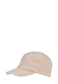 Felt cap in beige, rounded top with a stiff, curved brim. Smooth texture with subtle variations in color. No visible logos or embellishments.