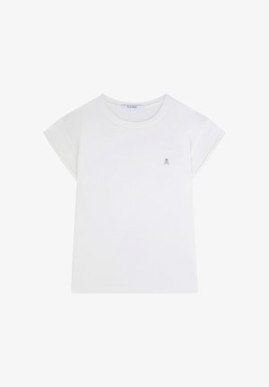 White short-sleeve t-shirt with rolled cuffs, featuring a small gray skull logo on the chest. Made from soft cotton fabric.