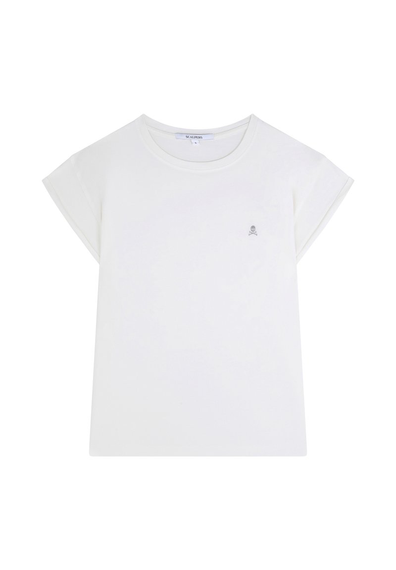 T-shirt bianco a maniche corte con risvolti, con un piccolo logo a forma di teschio grigio sul petto. Realizzato in morbido cotone.