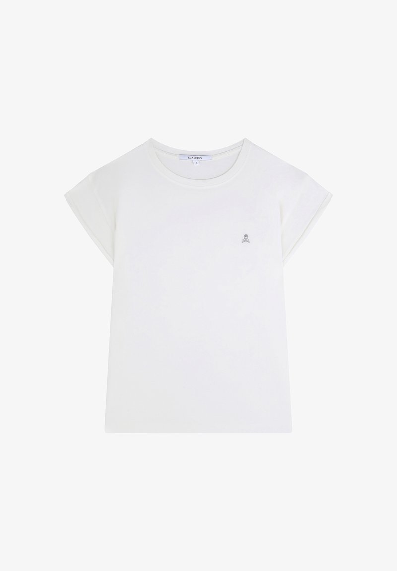 T-shirt blanc à manches courtes avec des poignets retroussés, arborant un petit logo de crâne gris sur la poitrine. Fabriqué en tissu de coton doux.