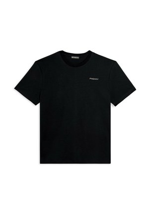 T-shirt nera in cotone con collo tondo e maniche corte. Presenta un piccolo logo ricamato "FREDDY" di colore grigio chiaro sul petto.