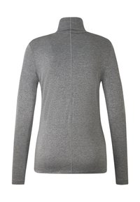 Dopasowany szary golf z długim rękawem, widoczny od tyłu, z środkowym szwem i teksturowaną tkaniną.