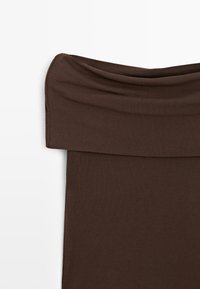Dark brown off-shoulder dress with a wide folded neckline made of soft, stretchy fabric against a white background.