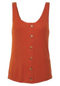 Bluzka na ramiączkach w kolorze rdzawego brązu, z prążkowanego materiału, szerokimi ramiączkami, dekoltem w łódkę i sześcioma ozdobnymi guzikami z przodu. Miękka w dotyku, o swobodnym kroju.