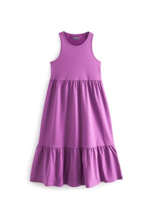 Robe midi violette sans manches avec taille froncée et ourlet à volants, en tissu doux, adaptée pour un usage décontracté.