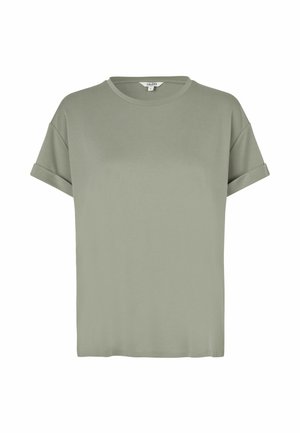 Olivgrön t-shirt med kort ärm, tillverkad av mjukt tyg. Har en rund halsringning och uppvikta ärmslut. Enkel, rak passform.