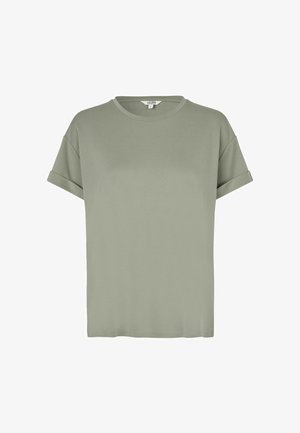 Olivengrøn, kortærmet t-shirt lavet af blødt stof. Har en rund halsudskæring og oprullede manchetter. Enkel, lige snitdesign.