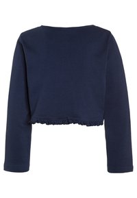 Top a maniche lunghe blu navy cropped realizzato in tessuto morbido, con scollatura rotonda e orlo arricciato nel fondo.