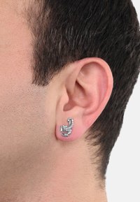 Pendiente en forma de escorpión de plata con textura detallada, que muestra un acabado pulido y contornos definidos, llevado en un lóbulo de la oreja.