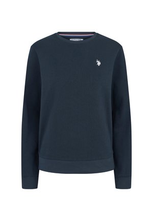 Marineblauwe sweatshirt van textuurstof, met een ronde halslijn en geribde mouwen, voorzien van een klein wit logo op de borst.