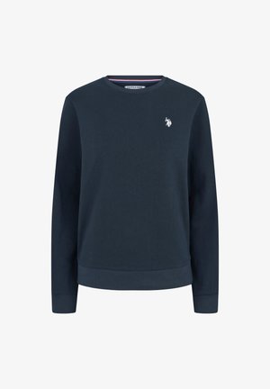 Felpa blu navy in tessuto testurizzato, con scollatura rotonda e polsini a costine, dotata di un piccolo logo bianco sul petto.