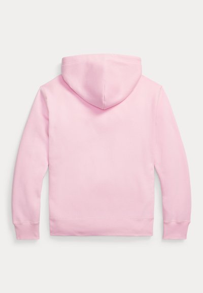 Light pink hooded sweatshirt shown from the back with long sleeves and ribbed cuffs and hem.