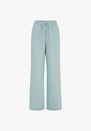 Gaiši zilas plaša stila bikses ar elastīgu jostasvietu un regulējamu auklu, ikdienas un vaļīgas.