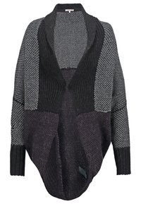 Chunky stickad kardigan i nyanser av grått och svart. Har varierade texturer, öppen front och en lös, draperad silhuett med långa ärmar.