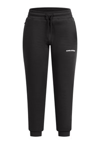 Svarta avsmalnande träningbyxor med elastisk midja, dragsko, sidofickor, ribbade muddar och liten vit "SMILODOX"-logotyp på vänstra låret.